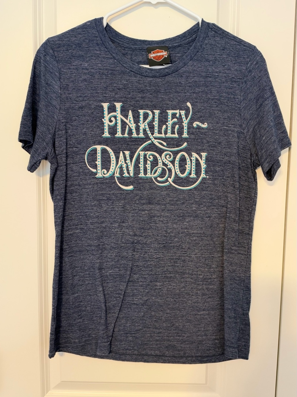 Harley-Davidson Women’s Navy Blue Tee with White & Light Blue Bling Logo